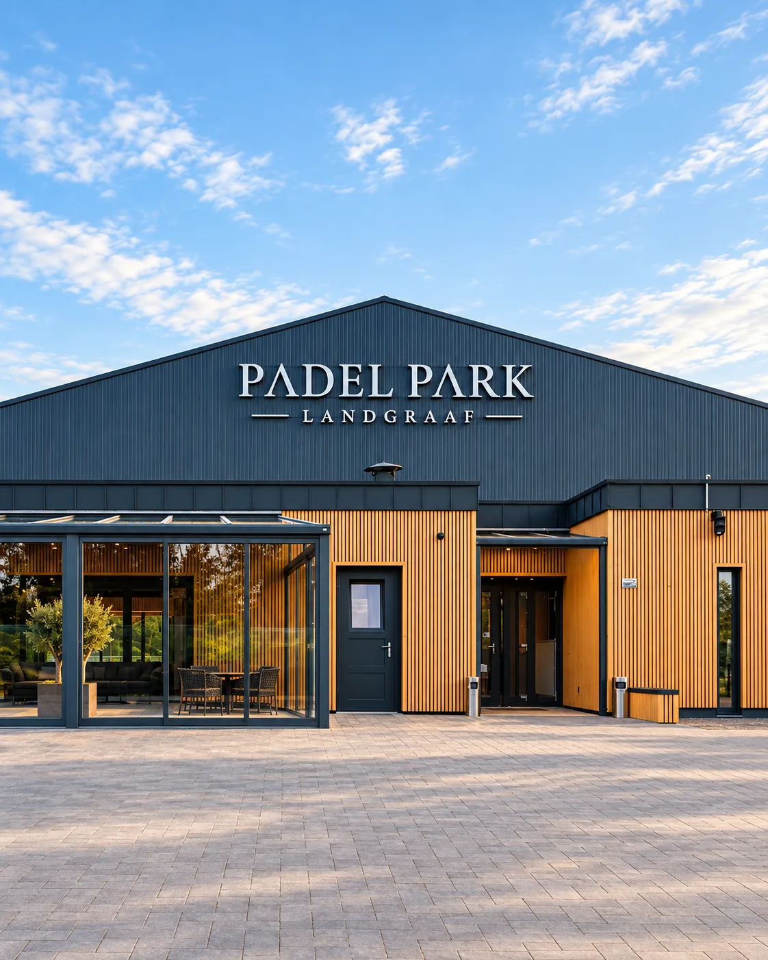 Voorkant van het clubgebouw van Padel Park Landgraaf met glazen terras